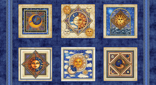 Patchwork Panel Celestial Sun. Squares moon and sun. 61x110cm.